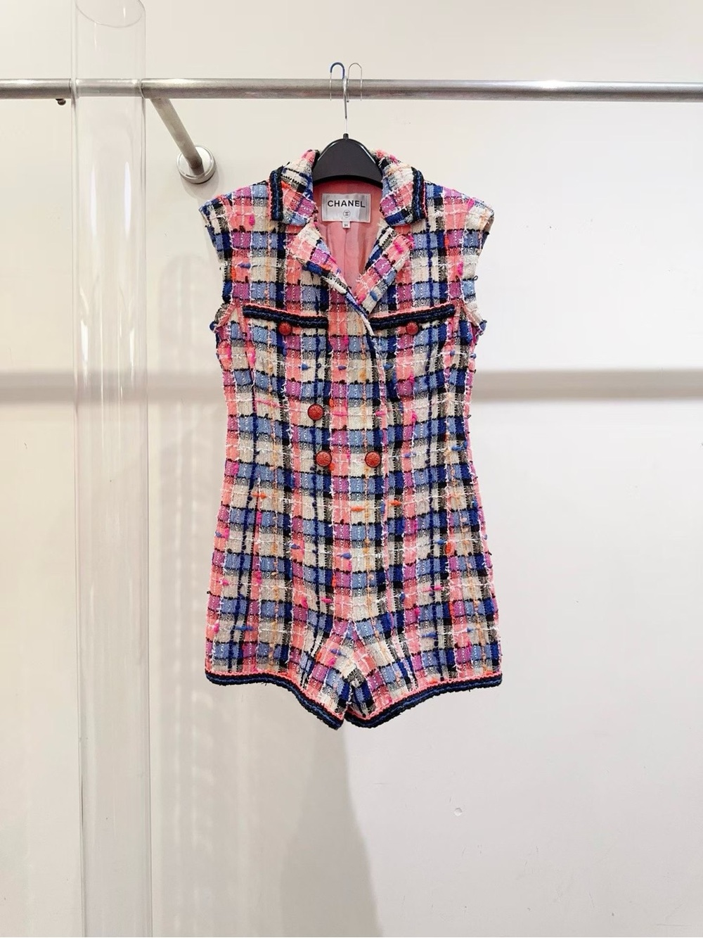 CHANEL Pink Blue Cream Tweed Sleeveless Romper